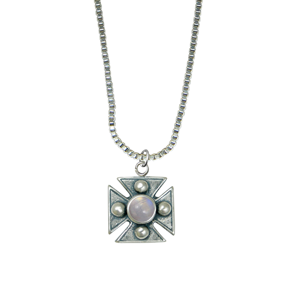 Sterling Silver Little Rainbow Moonstone Cross Pendant Necklace